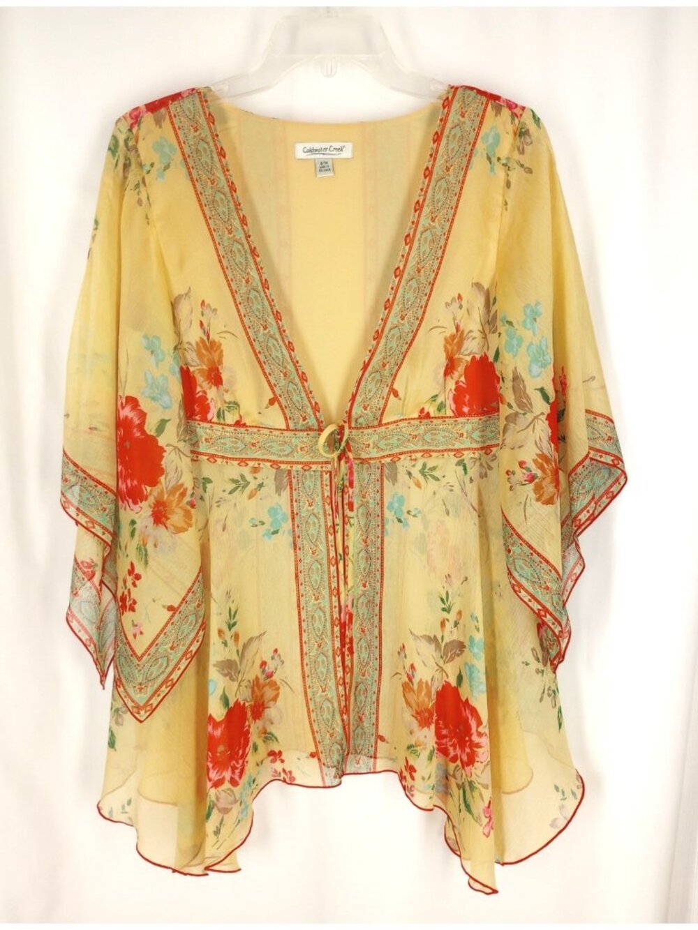 Coldwater Creek Yellow Floral Kimono Top S M Tie Front Sheer Flowy Romantic Boho
